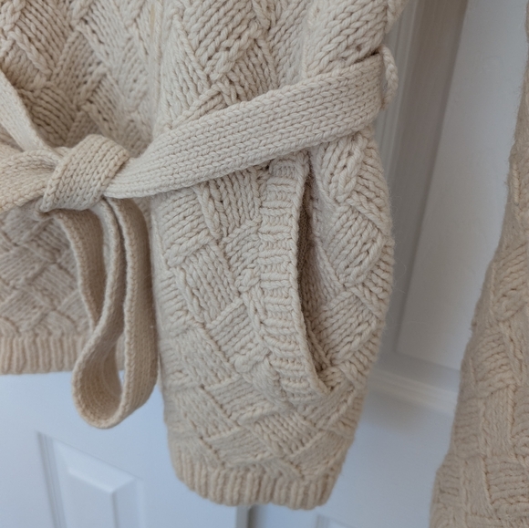 Vintage Y2K Express Womens Cream Chunky Wool Fisherman Belted Cardigan Sz M - Picture 9 of 10